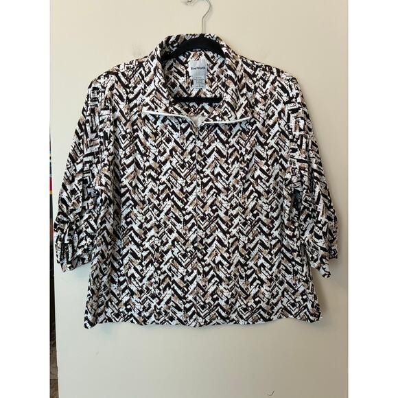 BonWorth 3/4 Sleeve Zip Up Jacket Shirt Black Tan Geometric Women's Petite L - Picture 1 of 5
